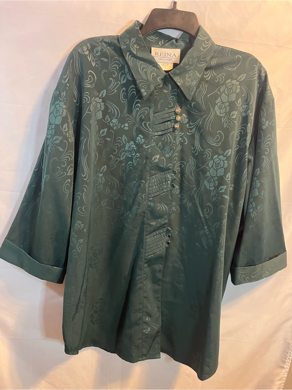 Vintage Reina New York Dark Green Floral Jacquard Button-Down Shirt